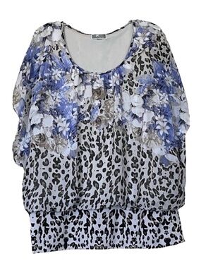JM Collection Chiffon Blouse Blue Floral Animal Print Smocked Waist 1X